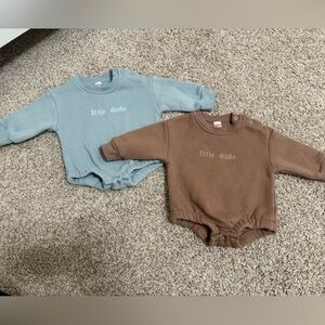 Embroidered Little Dude Kids long Romper Set. One missing button on brown